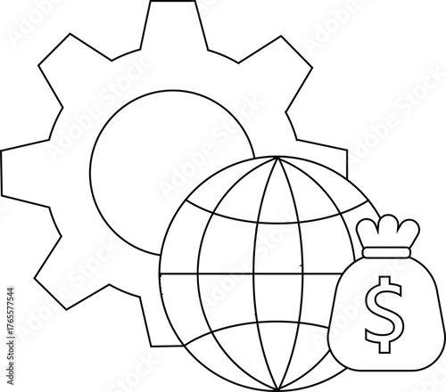 A gear globe and moneybag are depicted as outlines in a monochrome composition