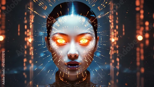Futuristic cybernetic woman with illuminated facial interface and orange eyes in digital space. concept of cybernetic intelligence, artificial intelligence with a human face, AI, cyberspace