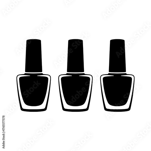 A horizontal row of three identical solid black nail polish bottle icons with subtle white internal outlines, presented flatly on a white background.