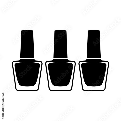Three Flat Design Nail Polish Bottle Icons: Left and Right Outlined Black with White Inner Detail, Middle Solid Black, Arranged Horizontally on White.