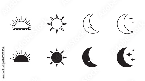 Celestial icons featuring sun and moon phases on transparent background silhouette