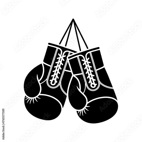 Minimalist Black and White Vector Icon of Hanging Boxing Gloves on a White Background
