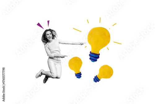 Composite photo collage of happy girl jump point light bulb idea finding electricity power plan tactics isolated on painted background