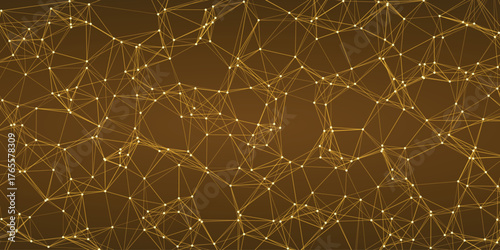 Dense golden geometric network of connected points and lines creating a complex abstract pattern on a dark brown gradient background representing digital infrastructure and scientific concepts