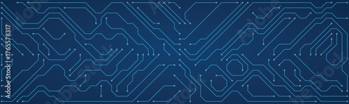 Futuristic blue circuit board pattern with glowing lines and nodes on a dark blue gradient background representing technology electronics and digital systems