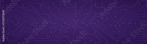 Futuristic purple circuit board pattern with glowing white dots and intricate pathways representing digital technology and electronic connections for innovation and data processing