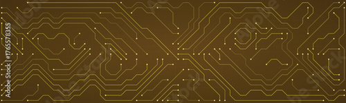 Golden abstract circuit board pattern with glowing white dots and intricate pathways on a dark brown background symbolizing technological infrastructure and digital data flow