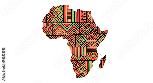 illustration of the African continent map filled with a rich, colorful Kente-inspired tribal pattern, featuring red, green, black, and yellow geometric shapes on a white background. 