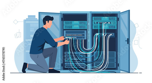 IT professional technician working with network cables in a server rack cabinet at a data center.