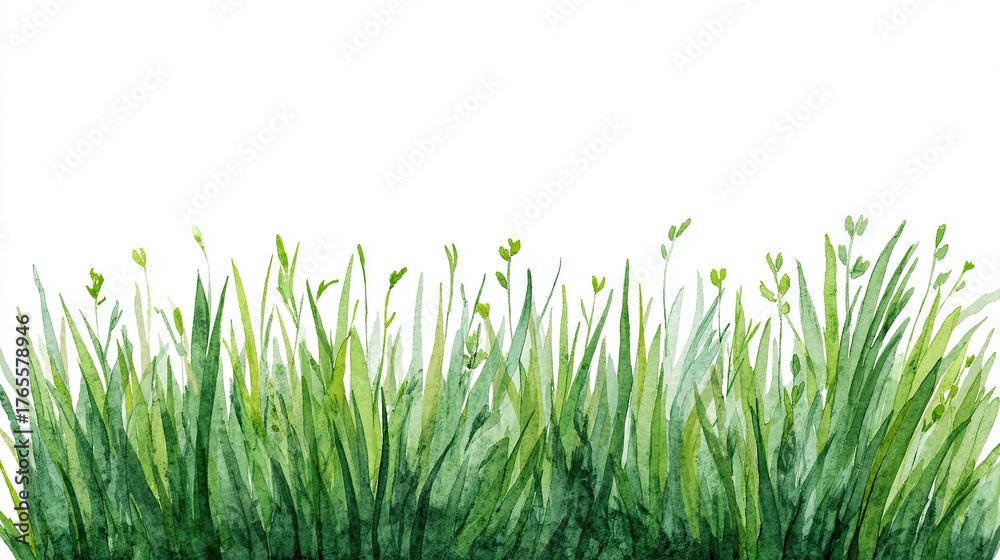 Fototapeta premium Watercolor green grass border isolated on white background symbolizing spring freshness and natural growth