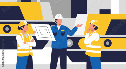 An engineer discusses a blueprint with two construction workers in front of heavy machinery.