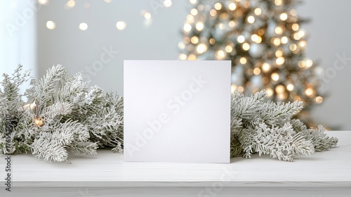Blank white card on frosted pine branches with bokeh Christmas tree lights background for holiday greeting