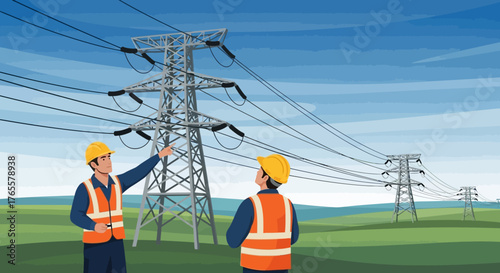 Two electrical engineers in safety vests and hard hats inspecting high-voltage power lines and transmission towers in a field.