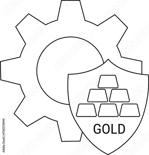Gear outline beside shield of gold bullion with the word GOLD below it