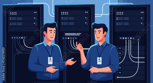 Two male IT professionals or system administrators collaborating in a modern server room or data center.