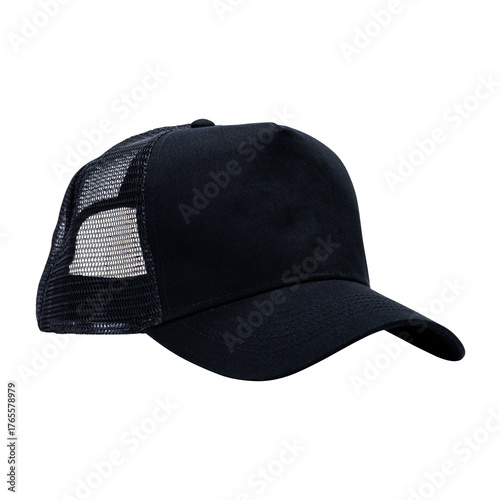 Classic black trucker cap isolated on white background. Breathable mesh back and curved brim design, ideal for casual streetwear, outdoor activities, summer fashion, and sporty everyday style
