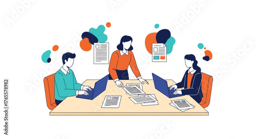 A team of professionals collaborating in a meeting, managing documents and working on laptops in a modern office.