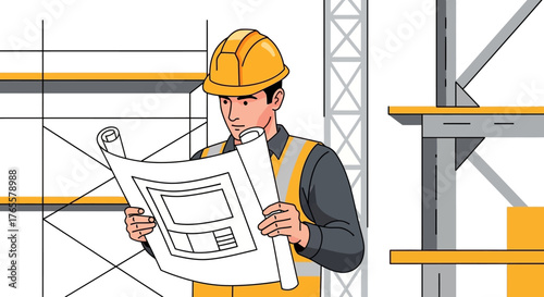 An illustrated construction worker wearing a hard hat and safety vest, carefully examining architectural blueprints on a building site.
