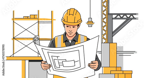 Illustrated male engineer in a hard hat reviewing architectural plans on a construction site.