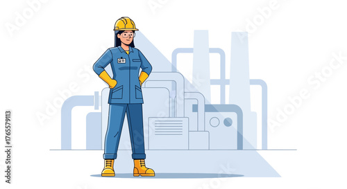 A female industrial worker in a hard hat and uniform stands confidently in front of a factory.