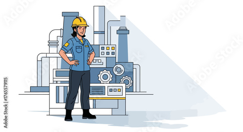 Illustration of a confident female engineer or factory worker wearing a hard hat and uniform, standing in front of industrial equipment.