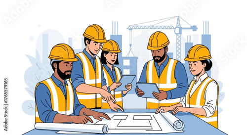 A team of diverse engineers and construction workers collaborating on a blueprint at a building site.