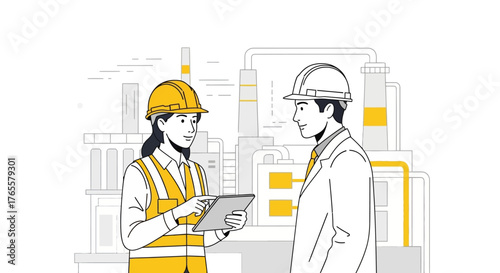 A male and female engineer in hard hats discussing work on a tablet with a factory in the background.
