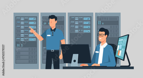 Two IT professionals managing network servers in a data center control room illustration.