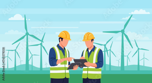 Two engineers in safety gear discussing a project on a tablet at a wind farm with multiple turbines.