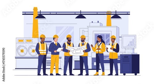 A diverse team of engineers and factory workers discussing a blueprint in a modern industrial manufacturing plant.