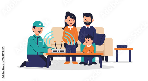 A technician installs a new Wi-Fi router for a happy young family in their living room.