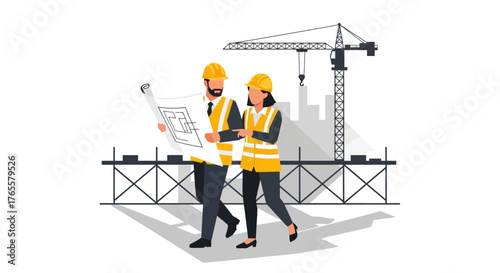 Two engineers in safety gear reviewing blueprints on a construction site with a crane in the background.