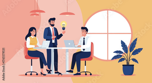 Business team brainstorming a new creative idea during a meeting in a modern office environment.