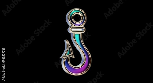 Iridescent Hook on Black Background - A Symbol of Connection and Enticement.