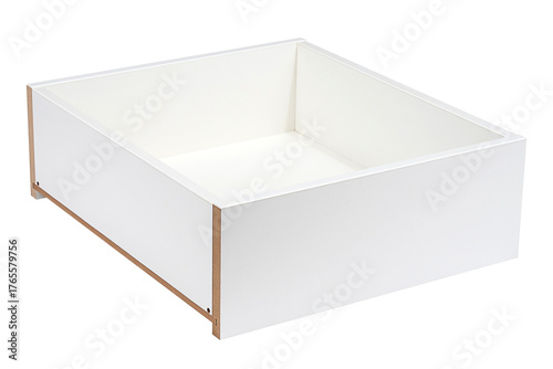 Modern white MDF drawer box isolated on white background. Clean and minimalist furniture component ideal for cabinetry, home storage, interior design, or flat-pack furniture assembly projects