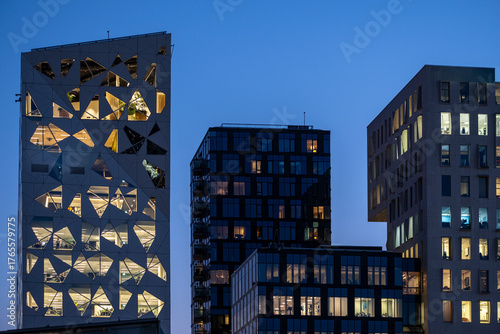 Contemporary architecture in Barcode, Oslo, with structured facade and minimal geometry design representing city modernism and Nordic architectural identity