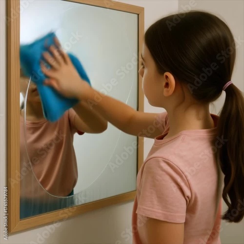 Young girl cleaning fogged mirror with blue cloth in bathroom  