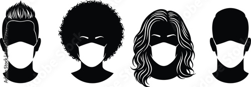 People wearing medical face masks silhouette illustration showing different hairstyles and genders for health protection and safety vector design.