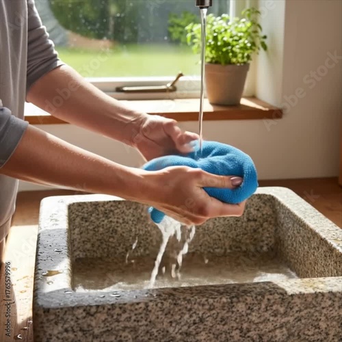Woman rinsing cleaning cloth in basin with water on sunny day  