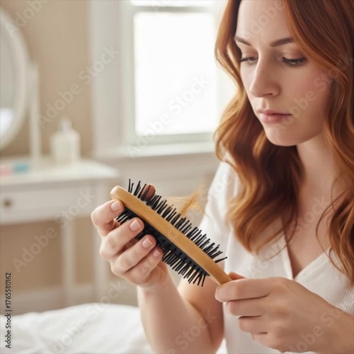 Woman picking hair from brush while sitting in bedroom with natural light  
