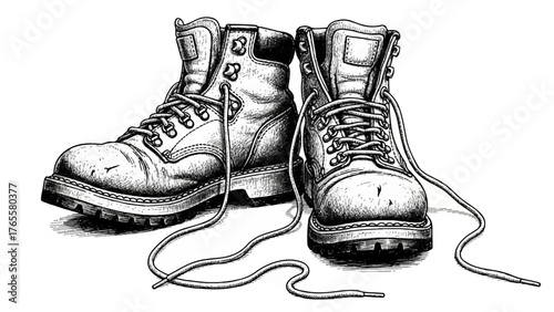 A dirty pair of old brown leather hiking boots with laces and a thick sole is isolated on a white background