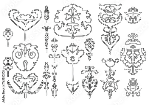 A versatile set of various decorative elements in an ethnic, hand-drawn style. Includes floral, heart, and abstract shapes for creating unique patterns, logos, and bohemian-style designs.
