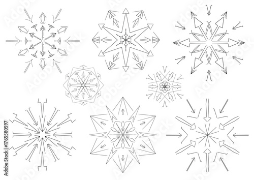 A collection of clean, minimalist snowflakes and starbursts made from thin lines. Perfect for modern holiday designs, logos, tech-inspired icons, and elegant winter decorations.