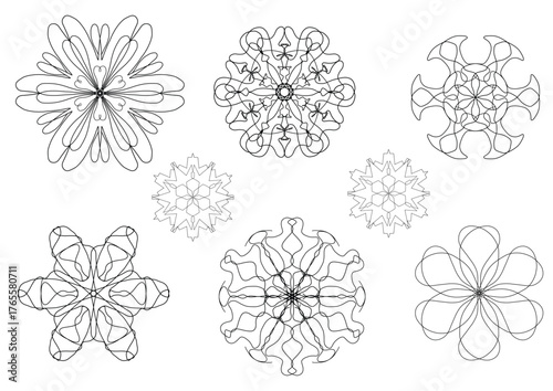 Collection of intricate flower and snowflake mandalas in a stipple/dotwork style. Perfect for spiritual designs, tattoos, winter patterns, and adult coloring book pages.