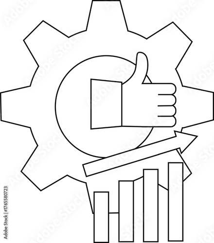 A gear with a thumbsup graph and arrow are illustrated in simple black lines