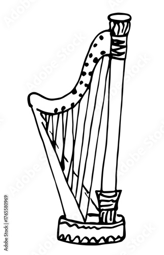 Simple Hand drawn vector illustration. Musical instrument, harp, symphony orchestra. Classical music. Ink sketch.