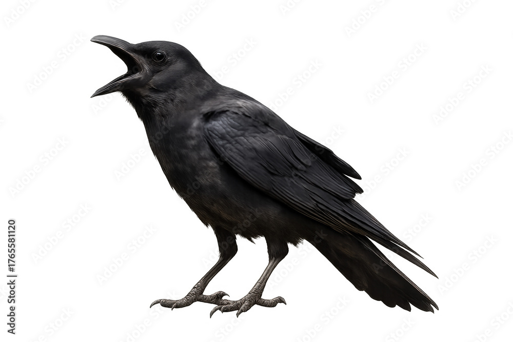 Fototapeta premium Black crow calling or squawking, wild bird with open beak isolated on transparent background