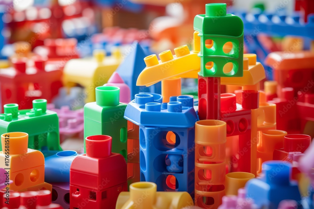 Naklejka premium Close up of colorful plastic building blocks forming various structures, stimulating creativity and imagination