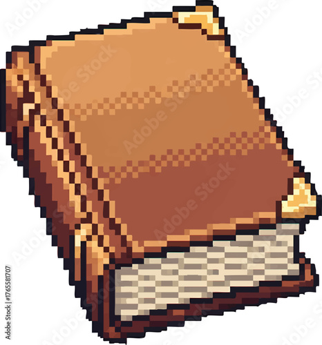 Pixel art old book illustration. Vintage brown tome with golden corners, ideal for retro game assets, fantasy, or education concepts.