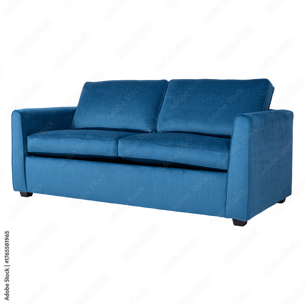 Obraz premium Stylish blue velvet sofa with soft textured upholstery and sleek modern design. Comfortable three-seater couch ideal for living rooms and contemporary interiors